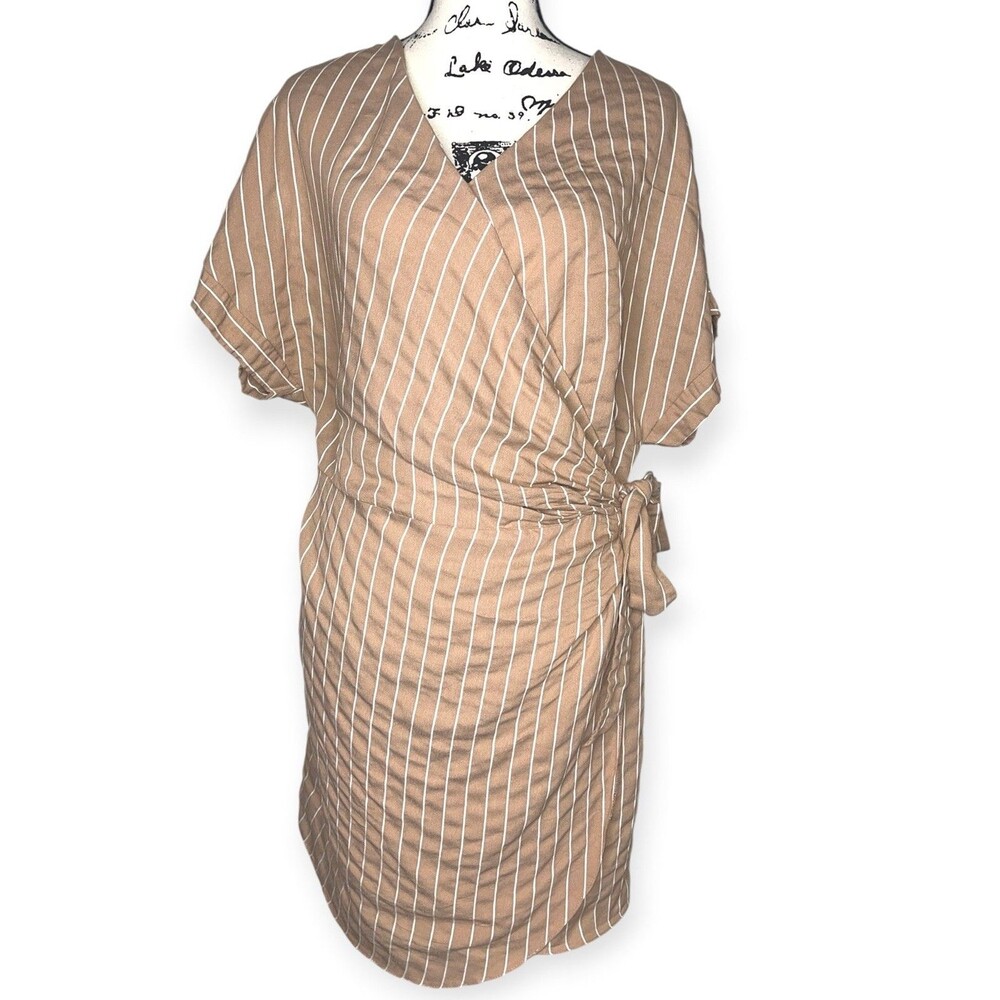 ASOS Wrap Around Midi Dress Womens Plus 16 Beige Striped Short Sleeve Date Night